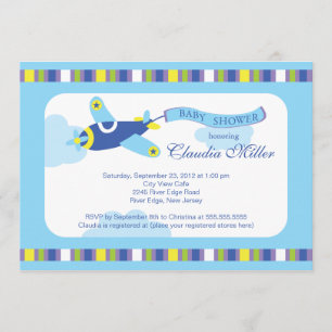 Cute Little Blue Aeroplane Boy Baby Shower Invitation