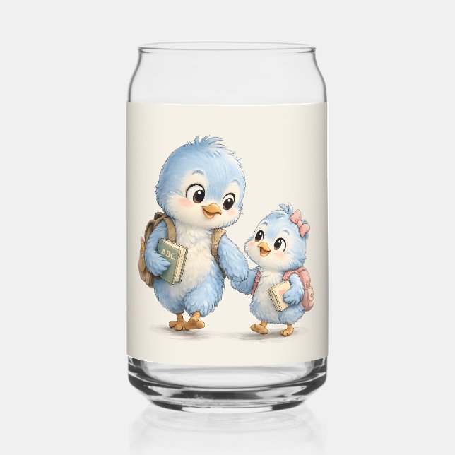 Cute Little Blue Bird Siblings Glass Drinkware Set (Front)