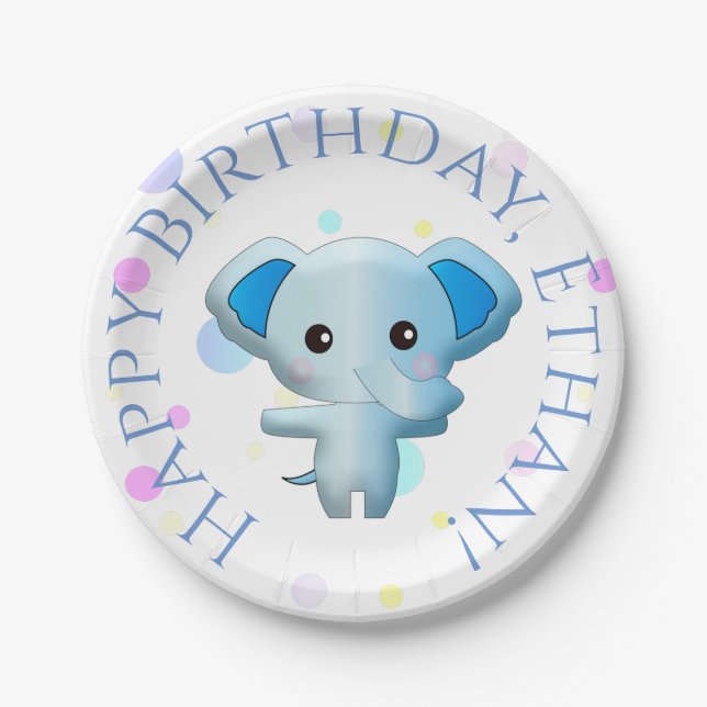 Cute Little Blue Boy Elephant Paper Plate (Front)