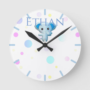 Cute Little Blue Boy Elephant Round Clock