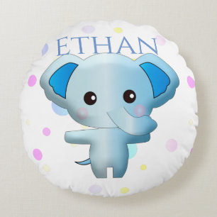 Cute Little Blue Boy Elephant Round Cushion