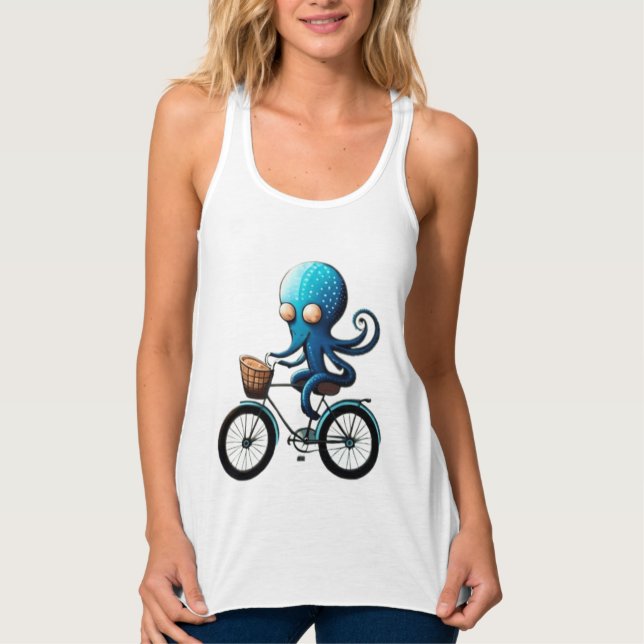 Cute little blue octopus on a bicycle singlet (Front)