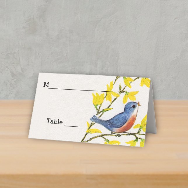 Cute Little Blue Red Bird on Branch Yellow Flowers Place Card (Little red blue bird singing on branch yellow flowers on white table place card.)