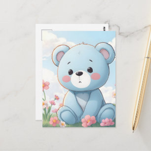 Cute little blue teddy bear in garden postcard