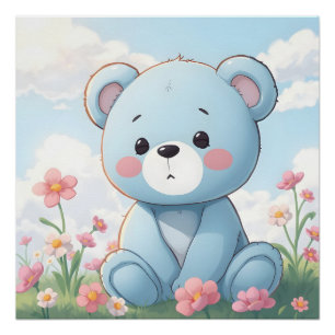 Cute little blue teddy bear in garden poster
