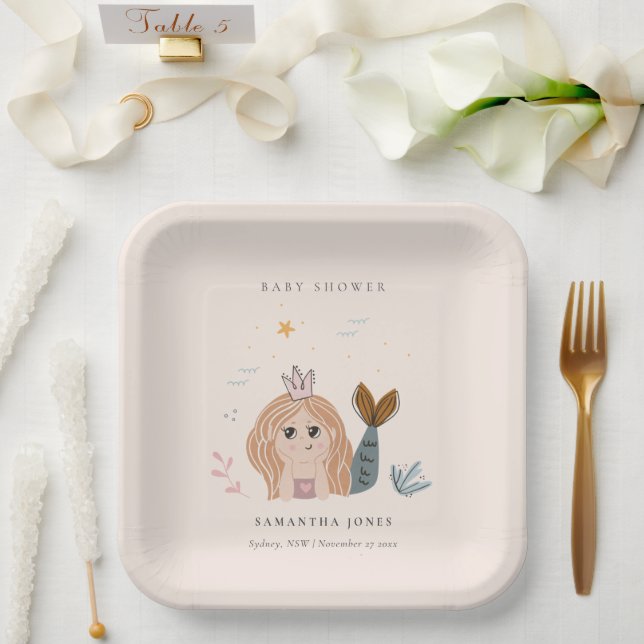Cute Little Blush Sea Mermaid Girl Baby Shower Paper Plate (Wedding)