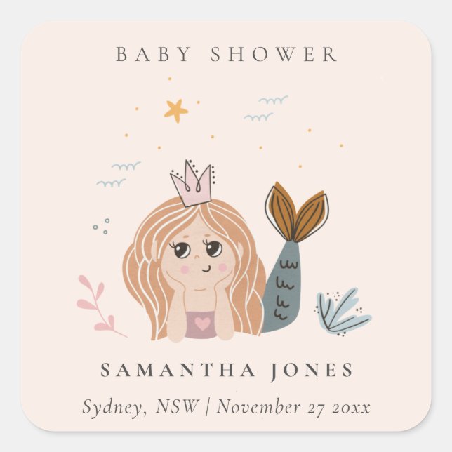 Cute Little Blush Sea Mermaid Girl Baby Shower Square Sticker (Front)