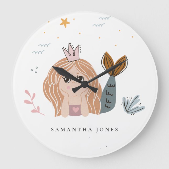 Cute Little Blush Sea Mermaid Watercolor Girl Large Clock (Front)