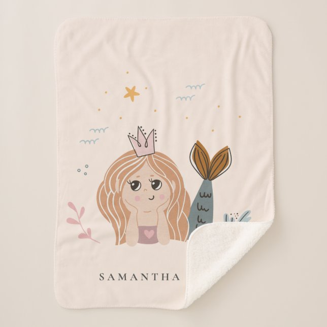 Cute Little Blush Sea Mermaid Watercolor Girl Sherpa Blanket (Front)