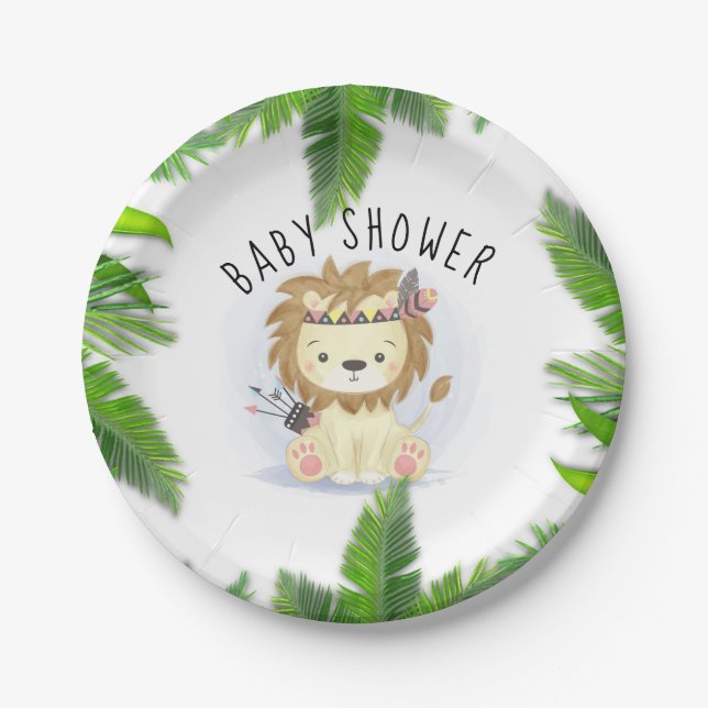 Cute Little Boho Lion Baby Boy Shower Paper Plate (Front)
