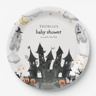 Cute Little Boo Ghost House Baby Shower Paper Plate