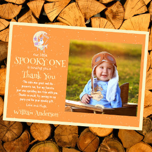 Cute Little Boo Ghost Moon Halloween 1st Birthday Thank You Card
