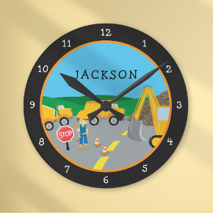 Cute Little Boy Construction Vehicle Monogrammed 2 Round Clock
