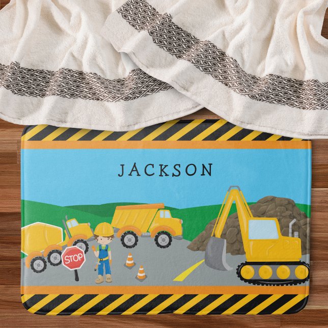 Cute Little Boy Construction Vehicle Monogrammed Bath Mat (Creator Uploaded)