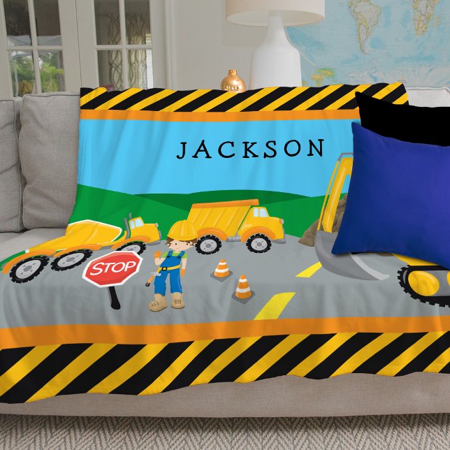 Cute Little Boy Construction Vehicle Monogrammed Fleece Blanket (Creator Uploaded)