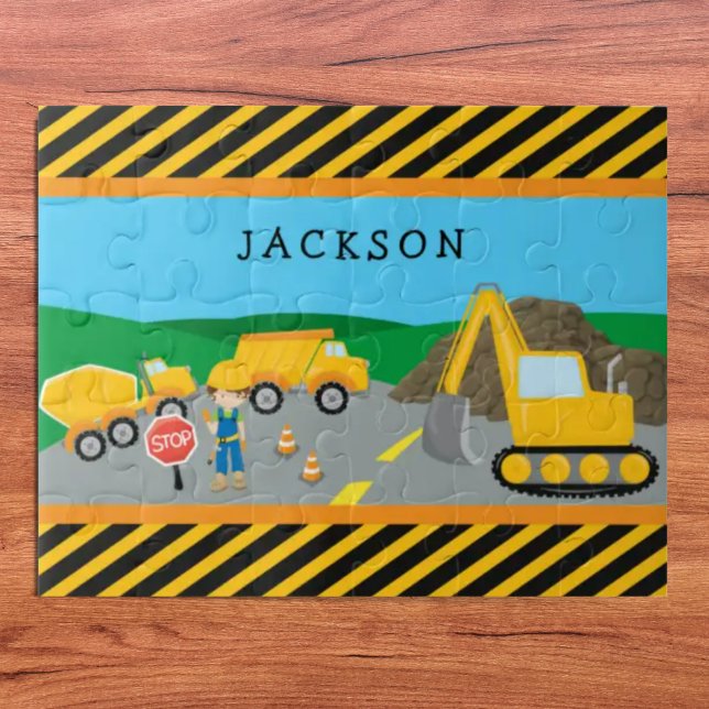 Cute Little Boy Construction Vehicle Monogrammed Jigsaw Puzzle (Creator Uploaded)