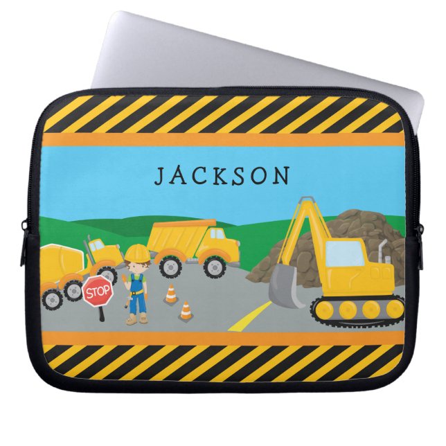Cute Little Boy Construction Vehicle Monogrammed Laptop Sleeve (Front)