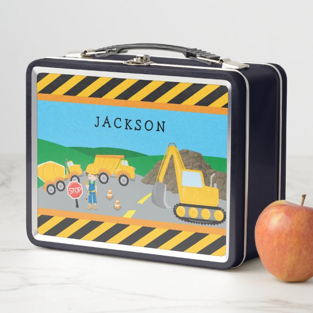 Cute Little Boy Construction Vehicle Monogrammed Metal Lunch Box (In Situ)