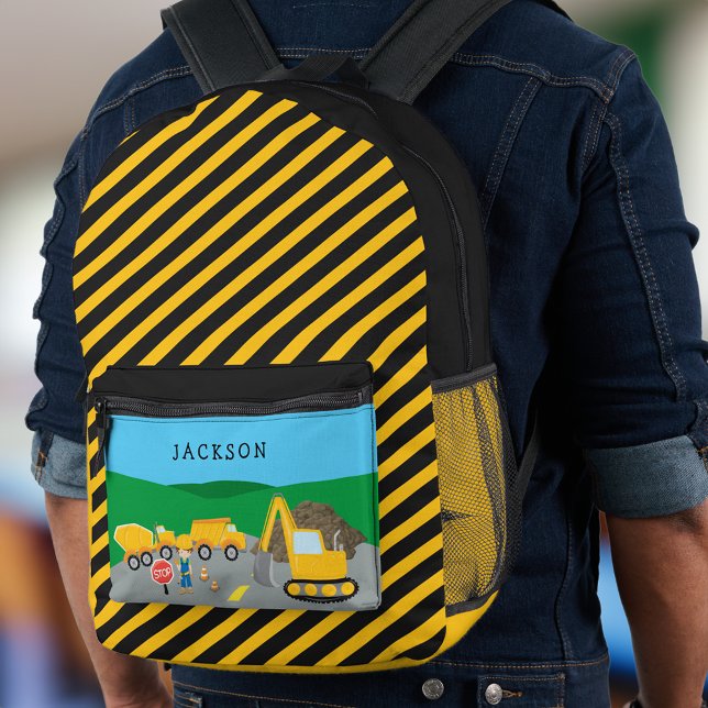 Cute Little Boy Construction Vehicle Monogrammed Printed Backpack (Creator Uploaded)