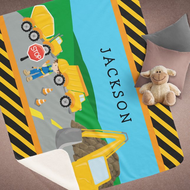 Cute Little Boy Construction Vehicle Monogrammed Sherpa Blanket (Creator Uploaded)