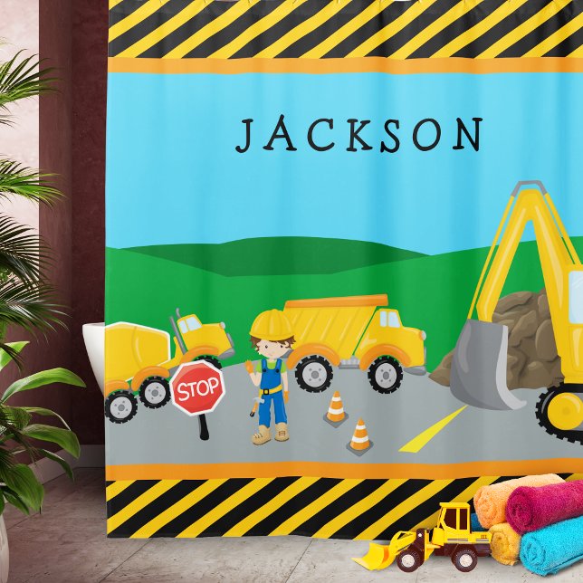 Cute Little Boy Construction Vehicle Monogrammed Shower Curtain (Creator Uploaded)