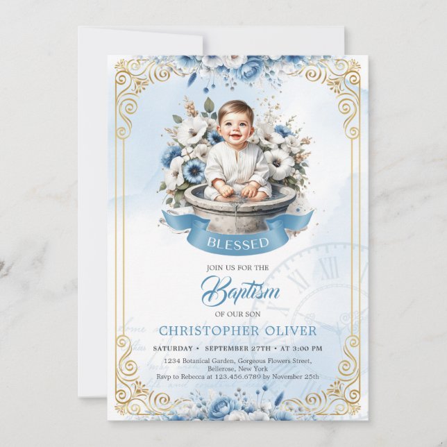 Cute little boy in trough blue flowers gold frame invitation (Front)