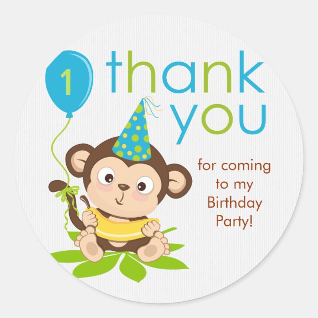 Cute Little Boy Monkey Thank You Sticker (Front)