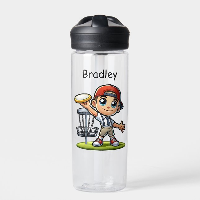 Cute Little Boy Playing Disc Golf Personalised Water Bottle (Front)