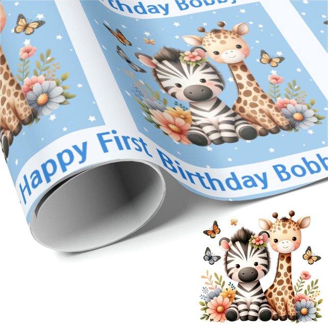Cute Little Boy's Birthday Add Name Zoo Animals Wrapping Paper (Creator Uploaded)