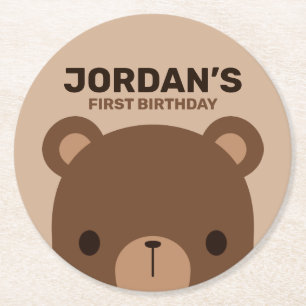 Cute Little Brown Bear Birthday Round Paper Coaster