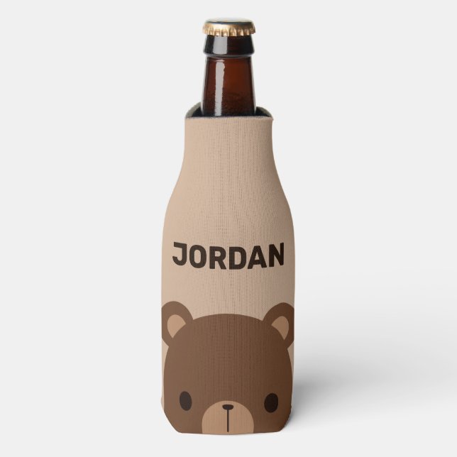 Cute Little Brown Bear with Personalised Name Bottle Cooler (Bottle Front)