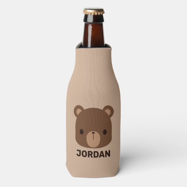 Cute Little Brown Bear with Personalised Name Bottle Cooler (Bottle Front)