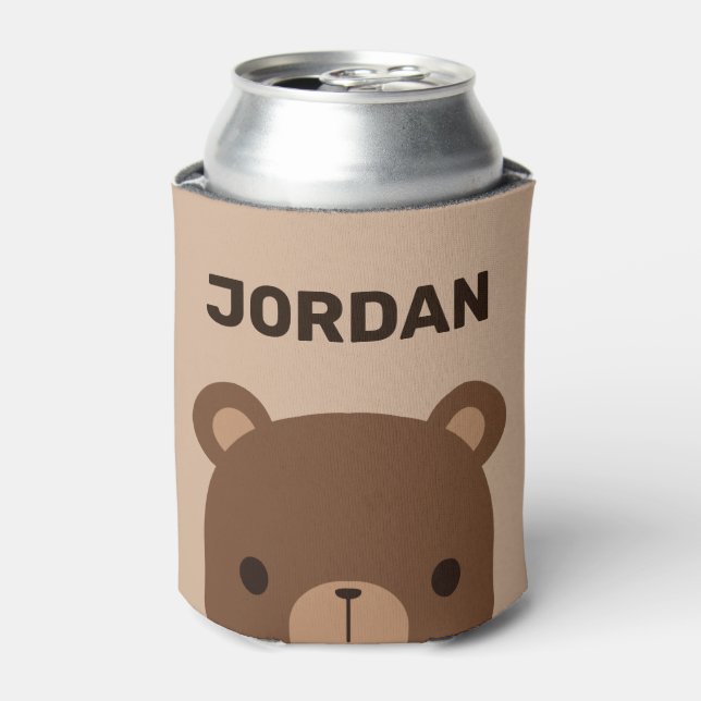 Cute Little Brown Bear with Personalised Name Can Cooler (Can Front)