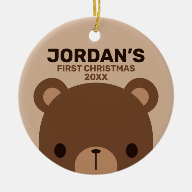 Cute Little Brown Bear with Personalised Name Ceramic Tree Decoration (Front)