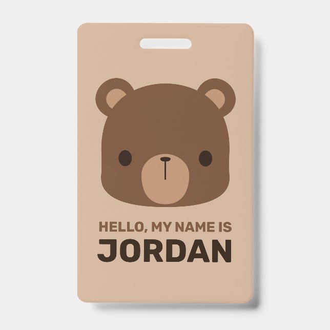 Cute Little Brown Bear with Personalised Name ID Badge (Front)