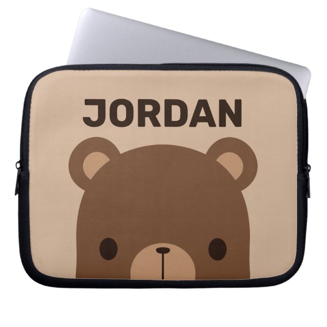 Cute Little Brown Bear with Personalised Name Laptop Sleeve (Front)