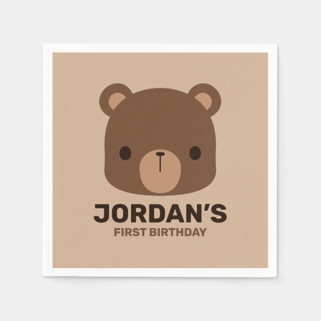 Cute Little Brown Bear with Personalised Name Napkin (Front)