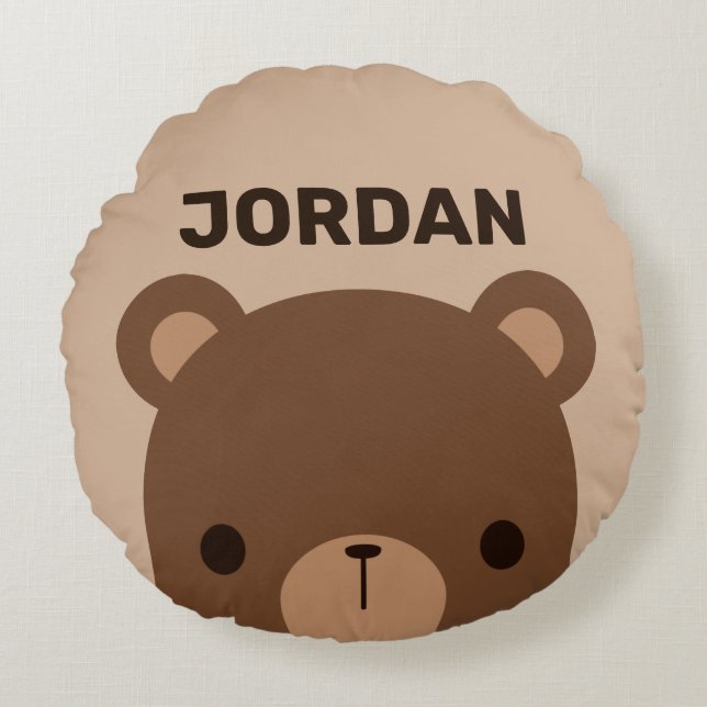 Cute Little Brown Bear with Personalised Name  Round Cushion (Front)