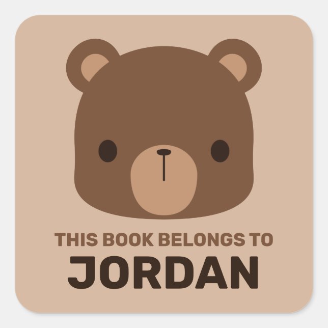 Cute Little Brown Bear with Personalised Name Square Sticker (Front)