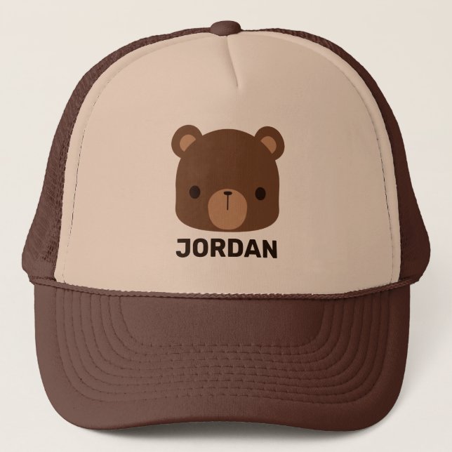 Cute Little Brown Bear with Personalised Name Trucker Hat (Front)