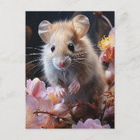 Cute Little Brown Mouse in the Pink Flowers