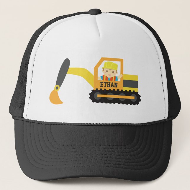 Cute Little Builder Excavator Construction Vehicle Trucker Hat (Front)