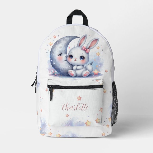 cute little bunny and the moon kids printed backpack (Front)