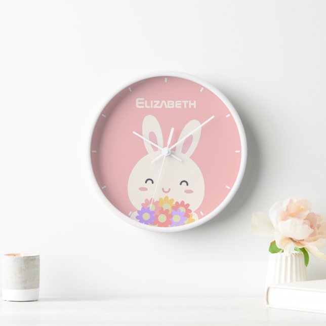 Cute Little Bunny Cartoon & Flowers For Girls Pink Clock (Home)
