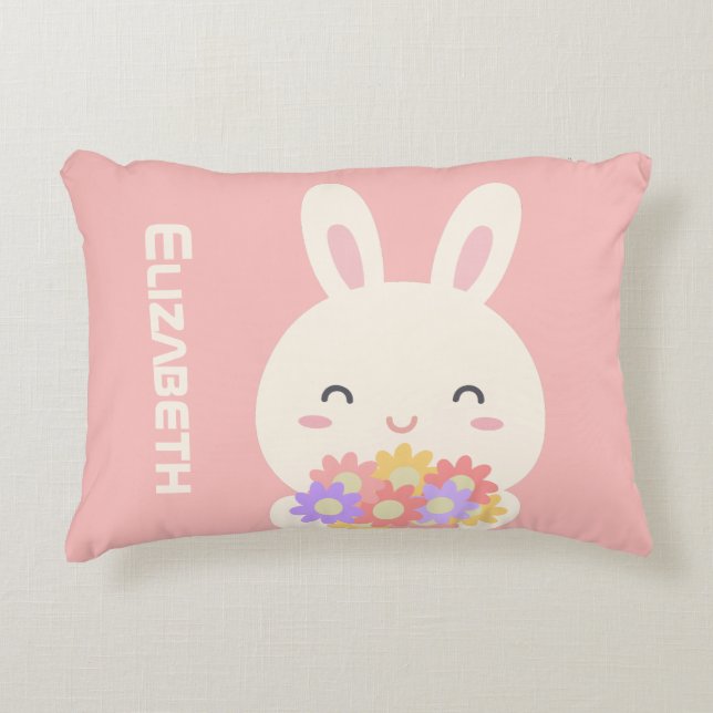 Cute Little Bunny Cartoon & Flowers For Girls Pink Decorative Cushion (Front)