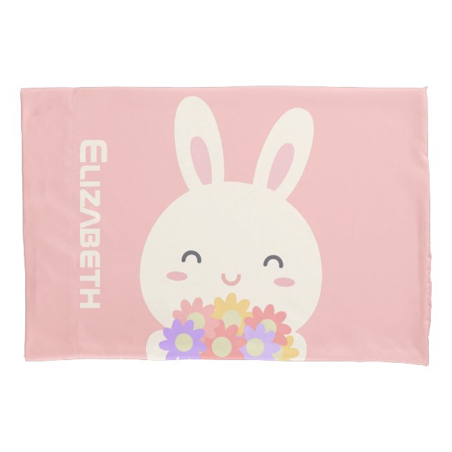 Cute Little Bunny Cartoon & Flowers For Girls Pink Pillowcase (Front)