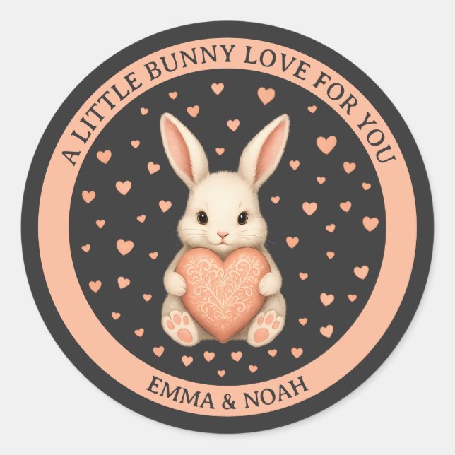 Cute Little Bunny Love with Heart on Dark Charcoal Classic Round Sticker (Front)