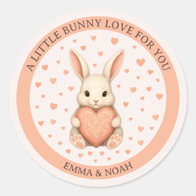 Cute Little Bunny Love with Heart on Soft Blush Classic Round Sticker (Front)