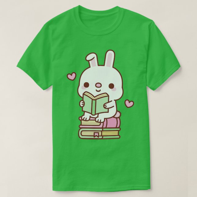 Cute Little Bunny Rabbit Loves To Read Books T-Shirt (Design Front)