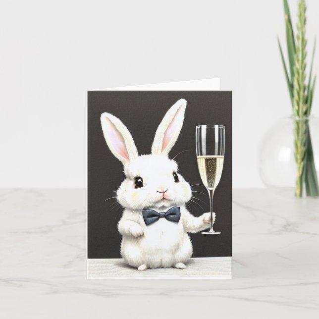Cute Little Bunny Rabbit with Champagne Card (Front)